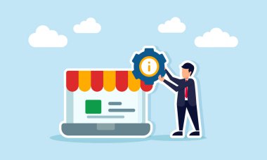 İş adamı, dijital pazar sistemi bakımının tepe örtüsü altında bilgi sembolüyle vites simgesini tutuyor