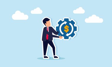 Elinde dolar işaretli teçhizat ve sürekli sembol bulunan işadamı, alışveriş poşeti simgelerini ve şirketin dijital finansal sisteminin rutin bakımını gösteriyor.