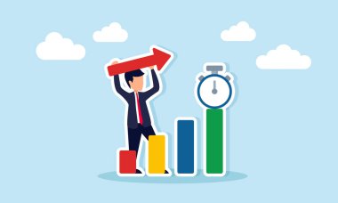 İşadamı Arrow 'u Listenin Arkasında Tutuyor ve Stopwatch ile En İyi İş Performansı Tarihi