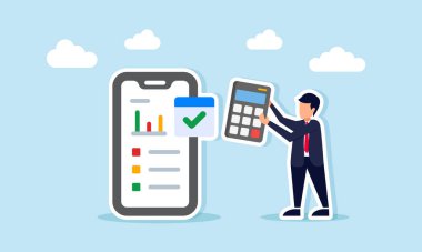 İş adamı akıllı telefonun yanında bir hesap makinesi tutuyor ve iş performans raporunun veri grafiği resimlerini gösteriyor