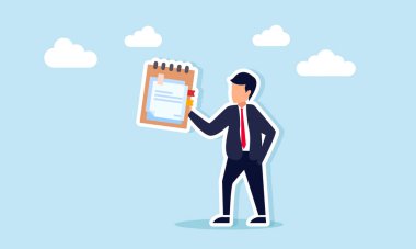 İş adamı elinde toplantı notları veya iş paylaşımının defter çizelgesi tutuyor.