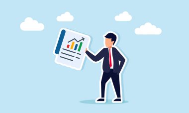 Elinde mali raporun ve takım performansının grafikleri olan bir belge tutan işadamı