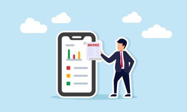 İşadamı Faturayı Saklayan Kağıt Satış Grafikleri Resimli Satış Analizi Yaptıran Akıllı Telefonun Yanında