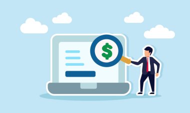 Elinde büyüteç tutan bir işadamı dizüstü bilgisayar ekranında dijital mali izleme ve analizi tasvir eden dolar işaretini tutuyor.