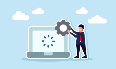 İş adamı, dijital iş sistemi bakımını sembolize eden yükleme simgesini gösteren dizüstü bilgisayarın yanında vites tutuyor