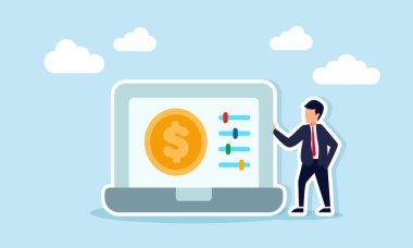 Dolar madeni para ve ayarlama araçlarını gösteren dizüstü bilgisayarın yanında duran iş adamı istikrar ve iyileştirme için ticari mali ayarlamaları temsil ediyor.