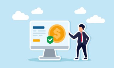 Para ve yeşil bir çek kalkanı gösteren bir dizüstü bilgisayarın yanında duran işadamı, ticari mali sigortanın önemini gösteriyor.