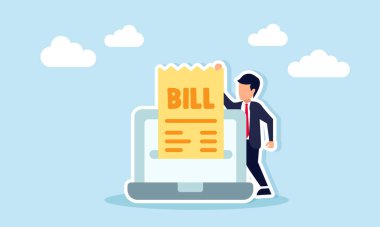 İşadamı, dijital işlem makbuzunu tasvir eden dizüstü bilgisayardan Bill etiketli tasarıyı çıkartıyor