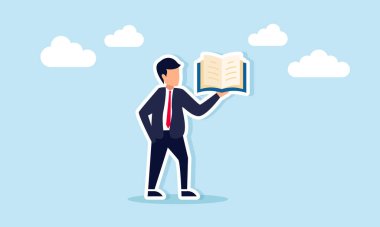 İş adamı açık bir kitap okuyor. İş rehberi illüstrasyonları okuyor.