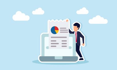 İş adamı, dijital kayıt sistemini tasvir eden dizüstü bilgisayardan veri ve pasta grafiği çıkarıyor