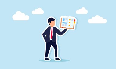 İş adamı elinde yıldızlarla açık bir kitap tutuyor. İş hizmeti ve ürün kalitesi illüstrasyonunu inceliyor.