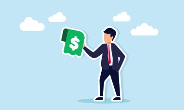 Bir dolar işaretli kağıt illüstrasyonunda kar ve fayda elde eden bir iş adamı
