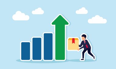 Ticari kazanç ve lojistik sektöründeki gelir artışının artan grafik illüstrasyonunun yanında duran iş adamı paketi