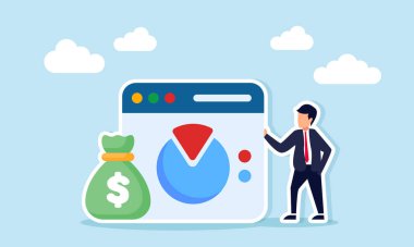 Para çantası ve uygulama arayüzünün yanında duran iş dünyasının mali performansını değerlendiren ve analiz eden bir iş adamı.