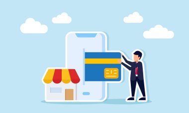 İşadamı dijital finans illüstrasyonunun yanındaki akıllı telefondan kart çekiyor