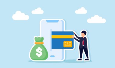 İş adamı akıllı telefondan para çantası dijital finans illüstrasyonunun yanındaki kartı çekiyor