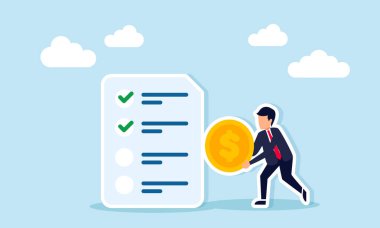 Ticari Mali Kilometre Taşı ve Hedefleme Sürecinin Kontrol Listesi İllüstrasyonunun yanında Dolar Parası Tutan İşadamı