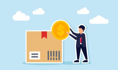 Lojistik sektöründe kar ve cironun resmedildiği paket kutusunun yanında dolar tutan bir işadamı.
