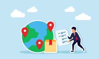 Lojistik Bölümü Paket Teslimat Yolu Haritası İllüstrasyonu ve Paket Kutusu İllüstrasyonuyla Dünya 'nın Yanında İşadamı Holding Checklist