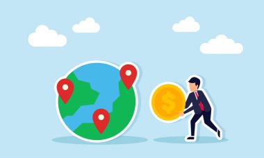 Dünya 'nın yanında madeni para tutan bir işadamı. Doğal kaynak işinden elde edilen kârın lokasyon illüstrasyonu.