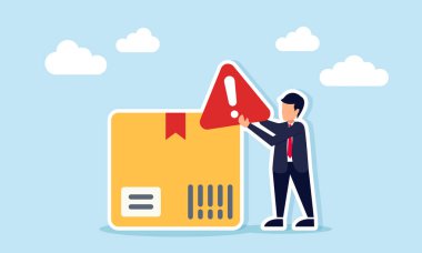 İşadamı Lojistik 'te Zararlı ya da Hassas Mallar Taşıma Tedbiri Yanı sıra Paket Kutusu İllüstrasyonu Uyarı Levhası Taşıyor