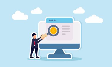 İş adamı, gerçek zamanlı dijital iş izleme monitöründe gösterilen uygulama arayüzündeki dolar sikkesini incelemek için büyüteç kullanıyor.