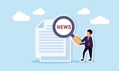 İş adamı elinde büyüteçle araştırma ve iyi haber içeriğini filtreleme üzerine haber metnini inceliyor