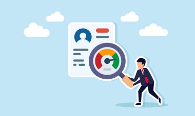 İş adamı, çalışan aday beceri düzeyinin izlenmesi ve araştırılmasının profil verisi illüstrasyonuyla belgeyi incelemek üzere Seviye Göstergesi ile büyüteç tutuyor