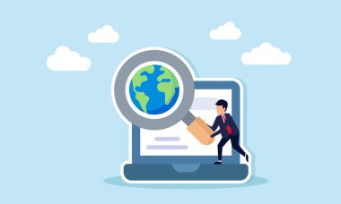 Küresel piyasa segmentasyonunun izlenmesi ve analizinin dizüstü bilgisayarında dünyayı incelemek üzere büyüteç tutan iş adamı