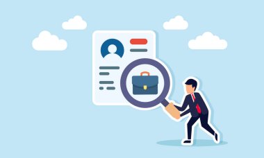 İş adamı elinde evrak ikonuyla büyüteç tutarak, şirket için çalışan adayları bulma araştırmasının profil veri çizelgesini inceleyecek.