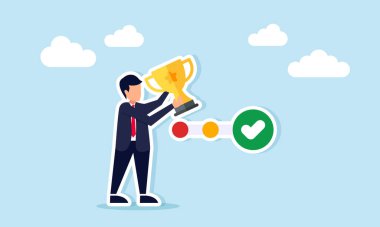 İlerlemenin yanında ödülü elinde tutan bir iş adamı veya iş dünyasının hedefine ulaşmadaki başarının basamak simgesi