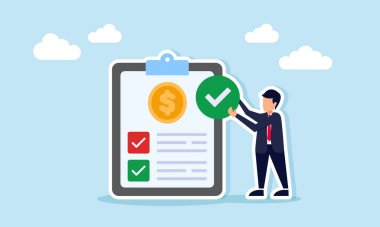 İş adamı panonun yanında dolar para belgesinin yanında iş yatırım belgelerinin doğruluğunu ve tasdik edilmesini gösteren işaretler tutuyor.