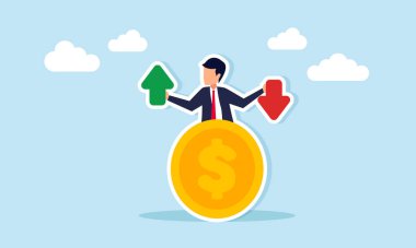 Dolar madeni parasının arkasındaki iş adamı. Okları kaldırıyor ve indiriyor. Para değerleme dalgalanmasının resimlerini çiziyor.