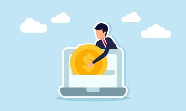 İşadamı, bilgisayar ekranından para alarak dijital varlık işlerinden kar elde ediyor.