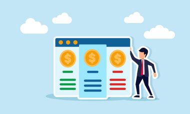 Uygulama arayüzünün yanında duran işadamı, finansal yatırım uygulaması arayüzünün birkaç dolarlık resimlerini gösteriyor