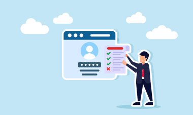 Girişim uygulaması arayüzü kağıdının yanında duran işadamı, iş projelerini dijital olarak tamamlamak için uygulama güvenliğinin resimlerini içeren tamamlanmış ve bekleyen görevlerin listesini tutuyor