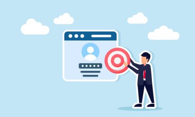 Girişim uygulaması arayüzünün yanında duran işadamı, iş hedeflerine dijital olarak ulaşmak için uygulama güvenliğinin hedef tahtası resimlerini tutuyor