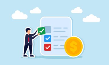 İş adamı, ticari mali kilometre taşı veya ilerlemeyi temsil eden dolar paralarının yanında görev listesi belgesine onay damgası koydu