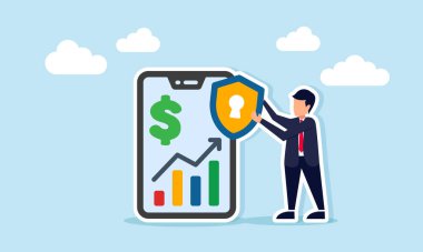 Akıllı telefonun yanında elinde anahtar deliği olan bir iş adamı dolar işareti ve artan finansal koruma sigortası çizelgesi veya garantisi gösteriyor.