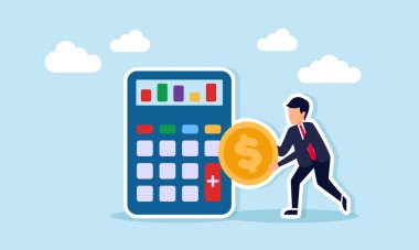 Hesap makinesinin yanında dolar tutan işadamı hesaplama ve işletme finans karar tahmini çizelgesini gösteriyor