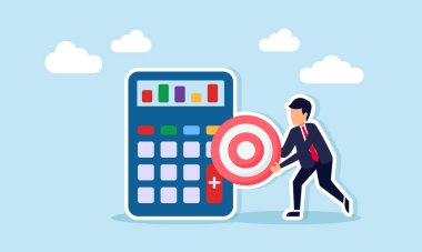 İş adamı hesap makinesinin yanında hedef tahtasını tutuyor. Hesaplama ve iş karar tahminlerinin çizelgesini gösteriyor.