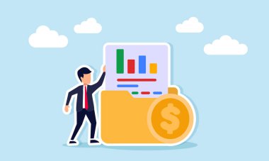 Dolar madeni para ve belge klasörünün yanında duran işadamı arşiv ve iş mali performans raporları belgelerinin resimlerini içeriyor