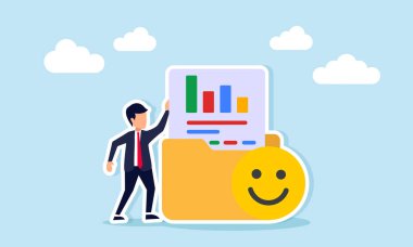 Mutlu duygu simgesi ve dosya klasörünün yanında duran işadamı arşiv ve piyasa dikkati performans raporlama belgelerinin çizelgelerini içeriyor