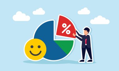 Yüzdelik pazar segmentasyon denetiminin mutlu yüz ifadelerinin yanında yüzde işareti olan bir iş adamı elinde pasta çizelgesi bölümü tutuyor