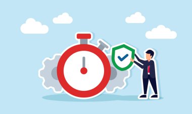 İş adamı kalkanı kronometre ve iş projesinin zaman çizelgesine göre çizelgesinin yanında tutuyor.