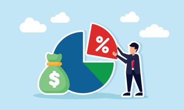 Elinde yüzde işareti olan iş adamı, kar elde etme veya şirketin hisse senedi dağıtımına ilişkin tabela çizelgesi tutuyor.