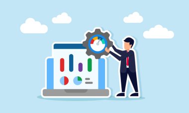 İşadamı Holding Gear ve Performans Göstergesi Dizüstü bilgisayarın yanında Grafik Çizim Gösterme Performans İzleme ve Analizi