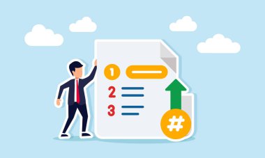 İş adamı Görev Listesi İllüstrasyonu İş Projesi İlerlemesi ve Öncelik Ölçeklerini içeren Belgenin Yanında Durmakta