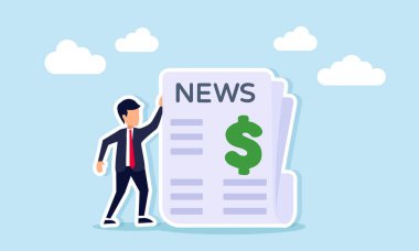 İş dünyasının finans ve para birimi haberlerinin dolar işaretli illüstrasyonuyla gazetenin yanında duran iş adamı