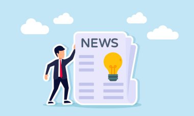 Gazetenin yanında elinde ampulle duran iş adamı, iş dünyasının yenilikçi fikirlerine ilham veren haberlerin illüstrasyonunu imzalıyor.